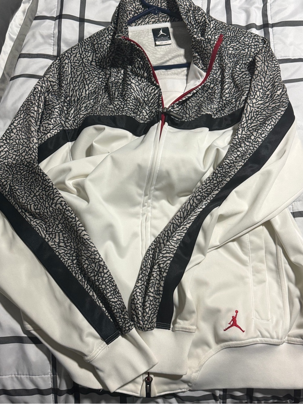 Jordan men’s white and gray elephant Patterned Varsity Jacket with Red Jumpman